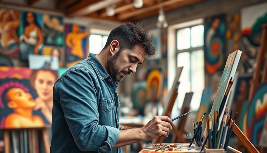 Artist focused in studio surrounded by colorful paintings, exploring artist opportunities.