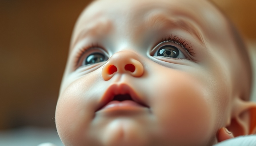 Close-up of baby with blue eyes conveying curiosity in warm light.