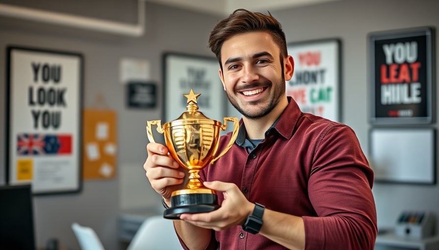 Customer as hero holding trophy, vibrant office setting