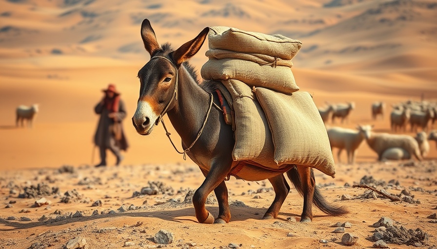 Sturdy donkey in desert with shepherd and sheep, illustrating parenting communication strategies.
