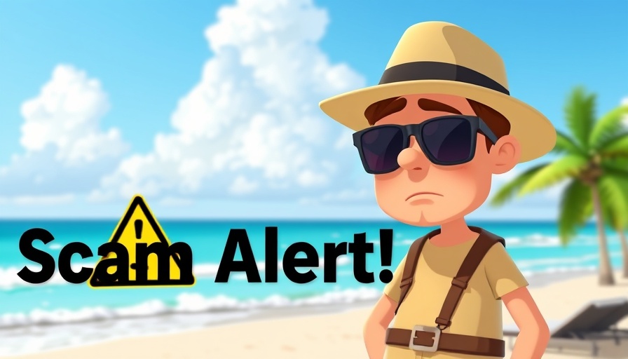 Scams in Punta Cana alert on tropical beach with animated character.