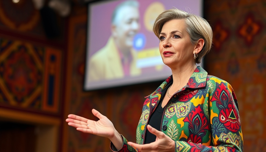 Confident woman presenting local knowledge and expertise on stage.