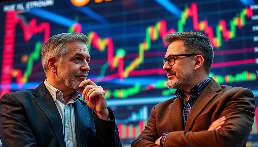 Bitcoin analysis with two men and crypto graphics on a colorful chart backdrop.