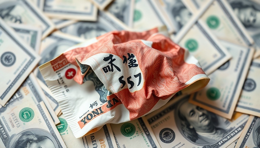 Crumpled yen on US dollars showcasing currency contrast.