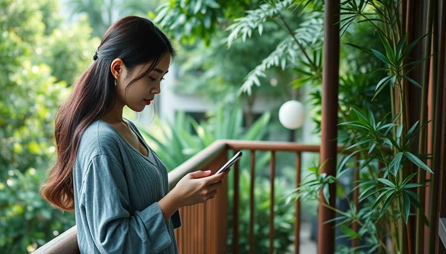 Young woman on TikTok in a serene garden, mental health awareness focus.
