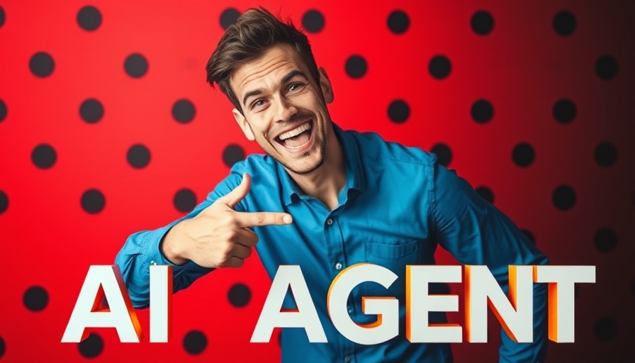 Excited man promoting one-click AI agents with vibrant design.