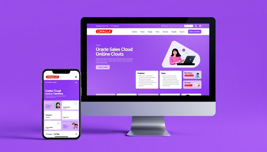 Oracle Sales Cloud interface on phone and desktop with purple background.