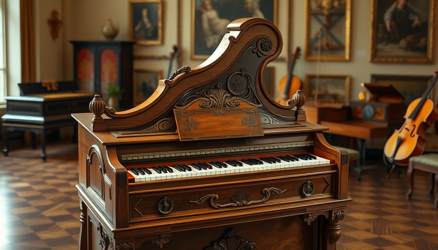Vintage harpsichord in a museum promoting musicians mental health support for young musicians.