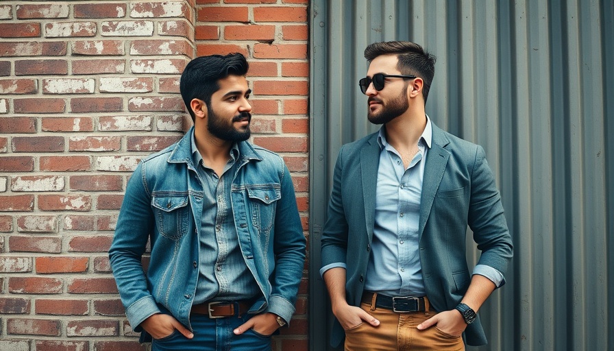 Two men in sustainable fashion, engaging in conversation.