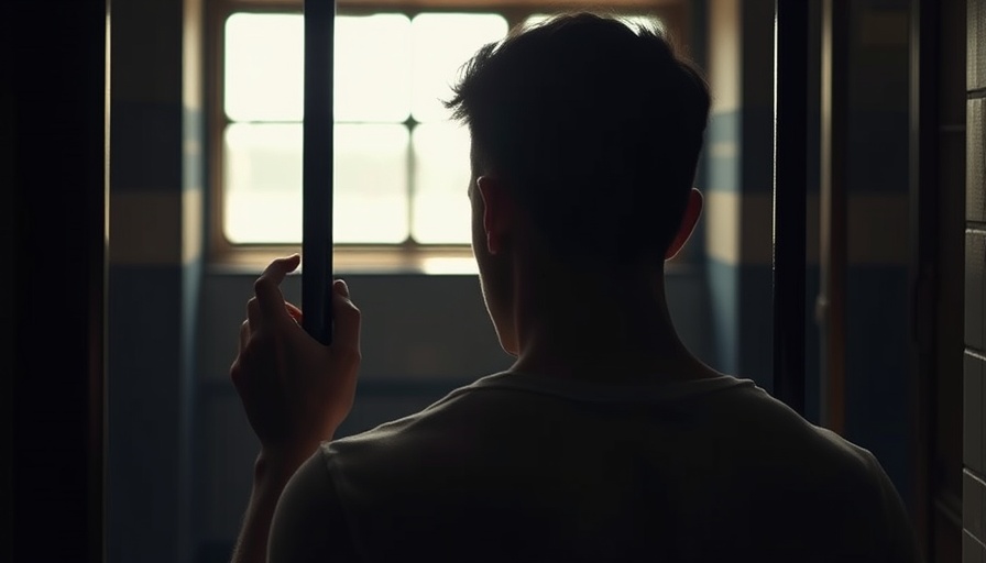 Young man contemplating in a dimly lit room with bars, reflecting trauma-informed practice in youth justice.