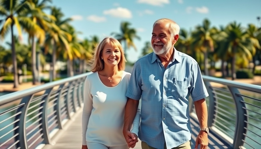 Middle-aged couple holding hands on a bridge, clear sky.