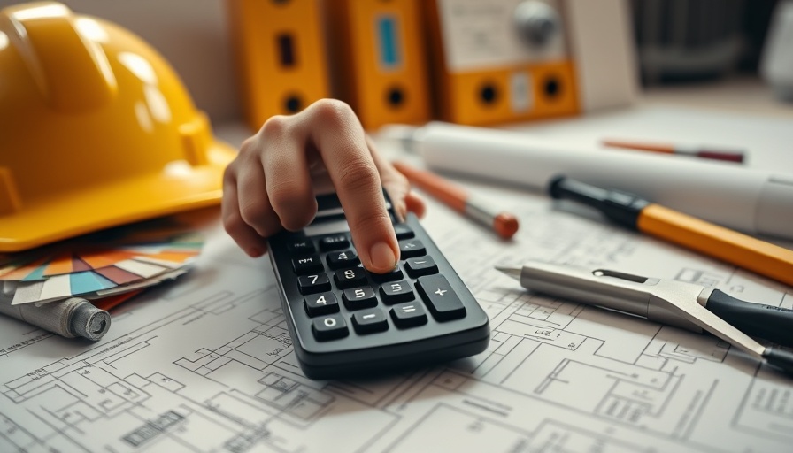 Close-up engineering calculator on blueprints with hard hat.