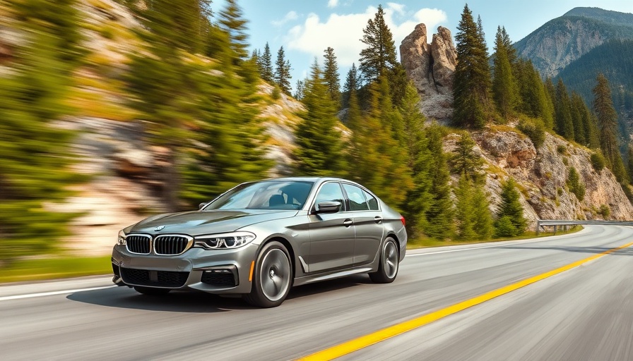 BMW 5 Series with V2X Technology on scenic mountain road.