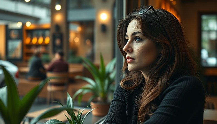 Reflective woman in cafe window, subtle disconnection feelings.