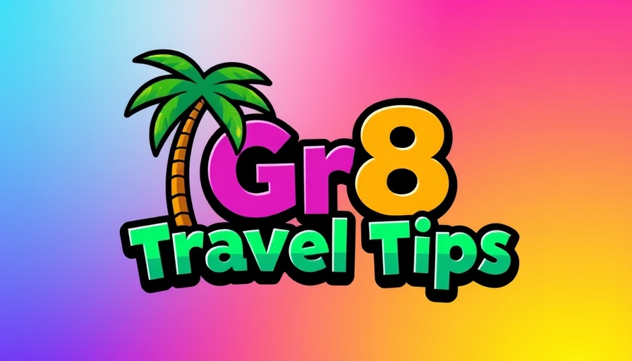 Colorful travel logo with palm tree and rainbow background.