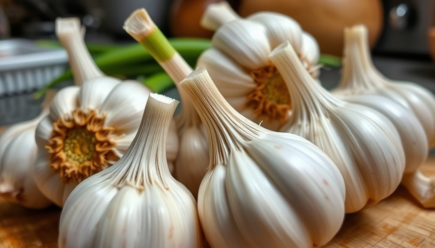 Close-up of garlic cloves with text about chef's garlic hack, Health Benefits of Garlic.