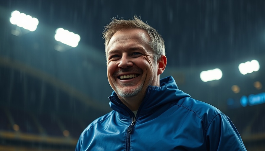 Rugby coach smiling at night match, South Africa