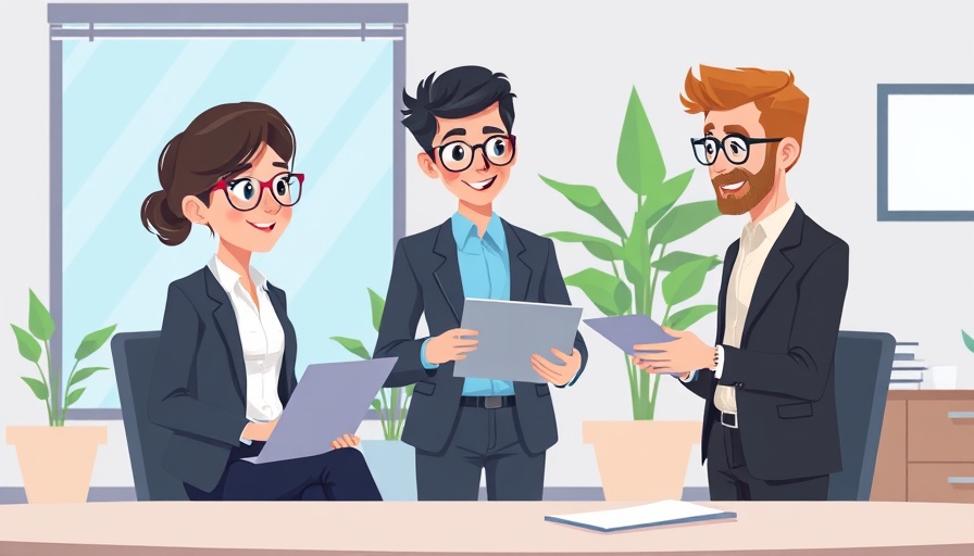 Team collaborating in office, cartoon style, corporate setting.