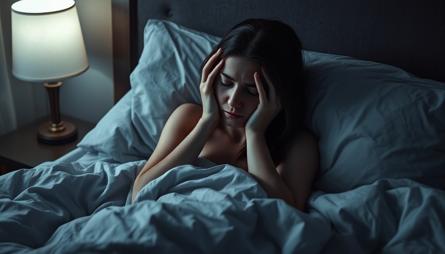 Woman with insomnia sitting in bed, dimly lit room.