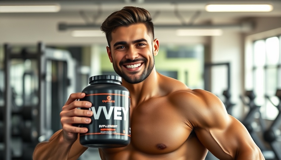 Confident man in gym holding supplement jar for muscle growth.