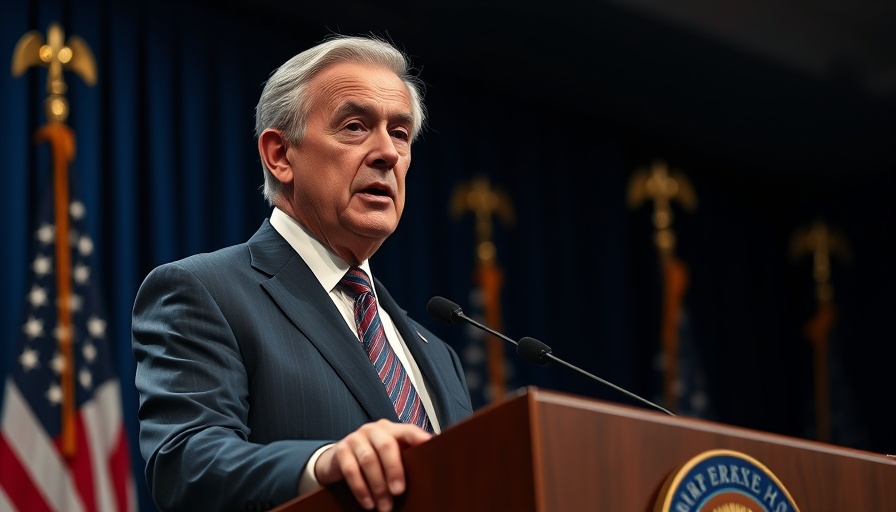Powell speech affects Bitcoin price with flags in background.