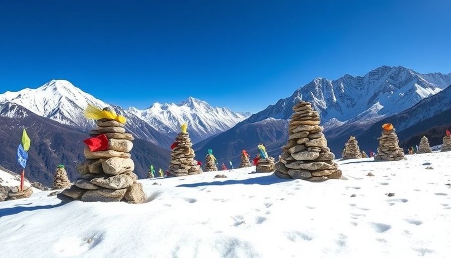 Serene Himalayan landscape with cairns, idealizing substance abuse recovery.