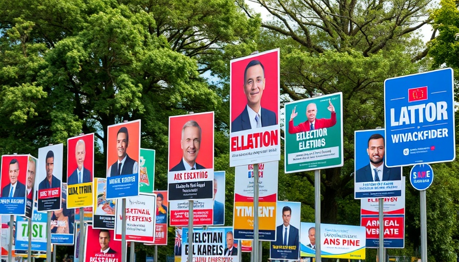 Colorful election posters in bright daylight promoting political parties.