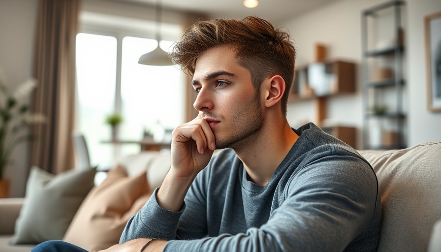 Young man resisting therapy, sitting thoughtfully, modern room.