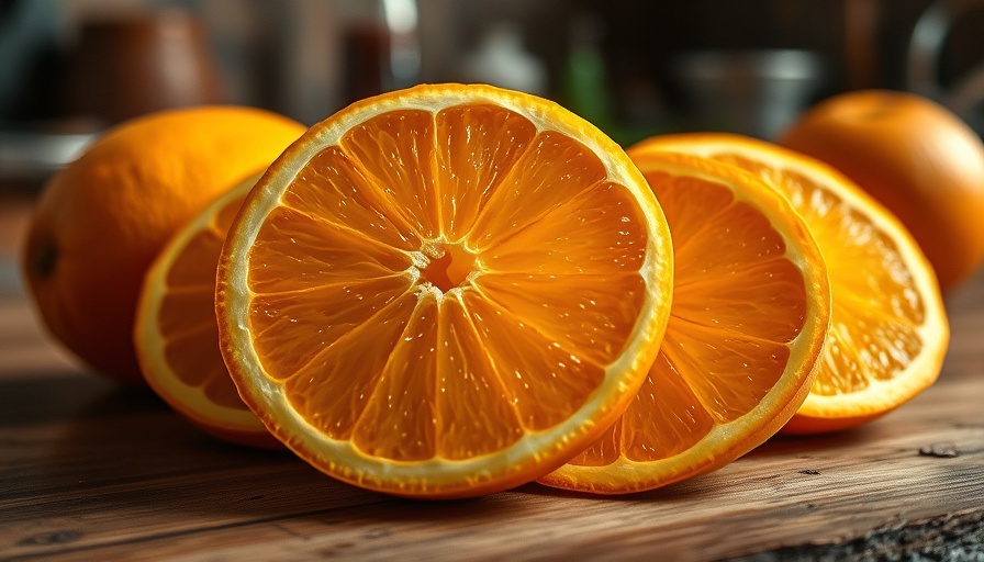 Juicy sliced oranges on wooden board, warm natural lighting.