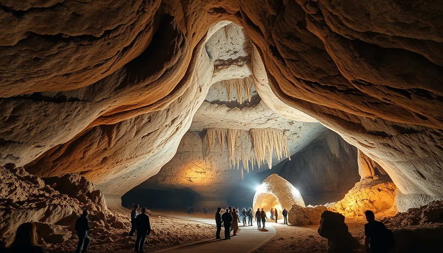 Tourists exploring South African cave, stunning formations.