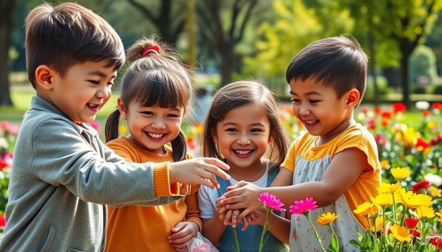 Joyful children in park, engaging in kind activities.