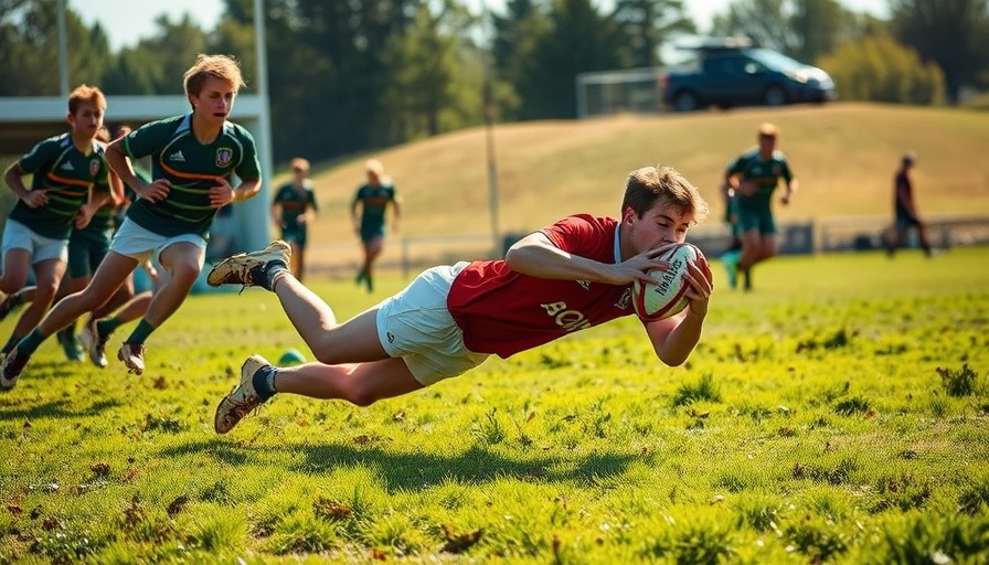 High school rugby highlights with try scored on muddy field.