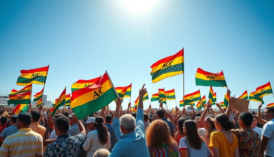 Vibrant group waving ANC flags in bright sunlight reflecting electoral integrity South Africa.