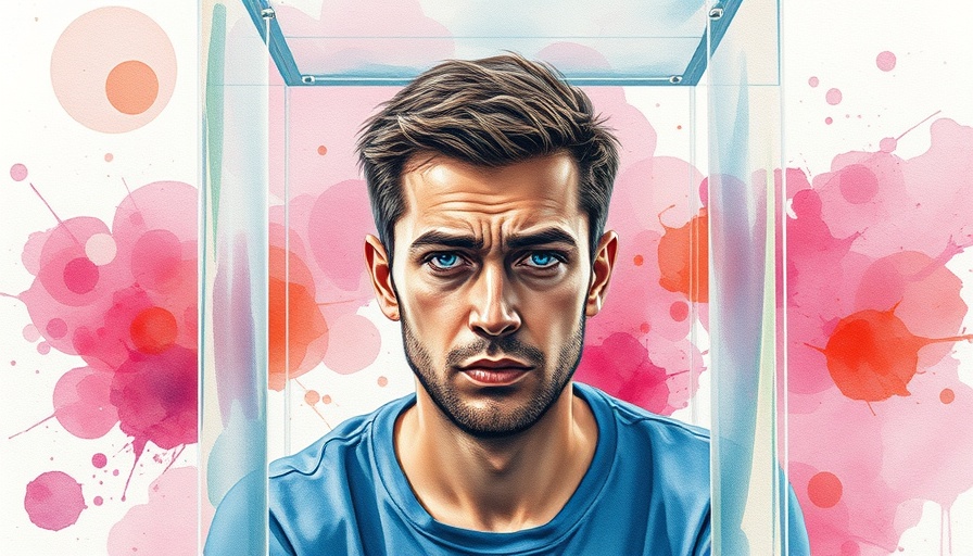 Watercolor depiction of a man with anxiety in a glass box.