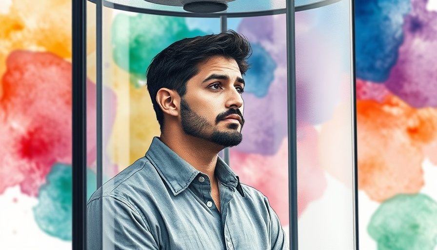 Illustration of a man feeling stuck, enclosed in a glass case with a colorful background.