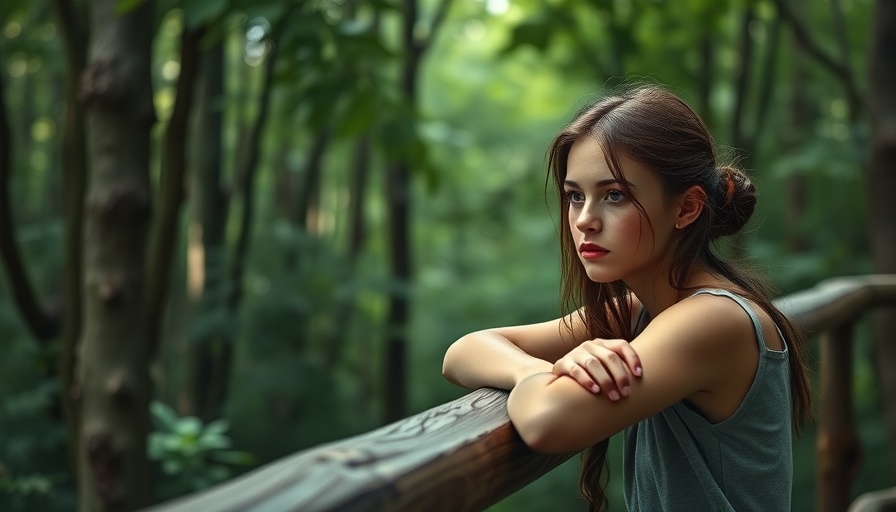 Thoughtful woman leaning on railing, reflecting in peaceful forest, coping strategies based on zodiac signs.