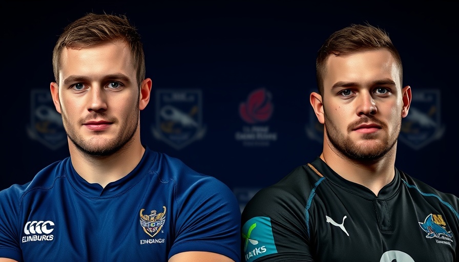 Rugby players from Edinburgh and Sharks teams with team logos.