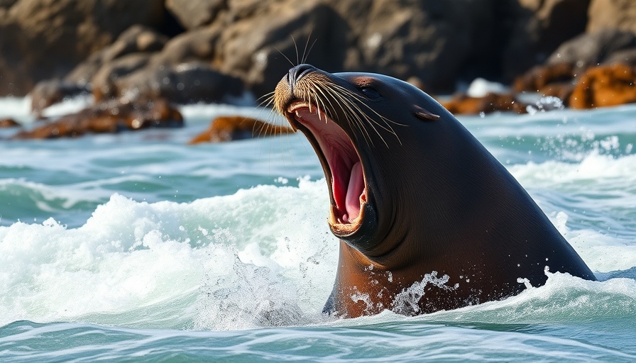 Aggressive sea lion lunging with open mouth by ocean rocks.