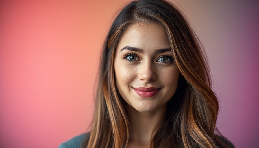 Woman with long hair, smiling subtly, colorful studio backdrop.