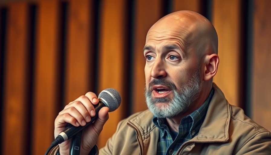 Man speaking into microphone, focusing on what you know, warm setting.