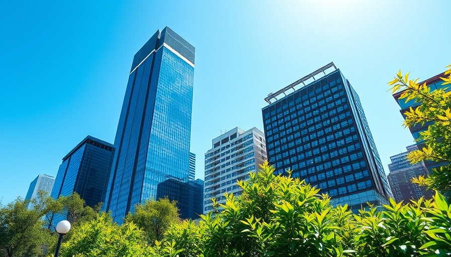 Singapore's iconic skyscraper under a clear blue sky, lush greenery foreground.