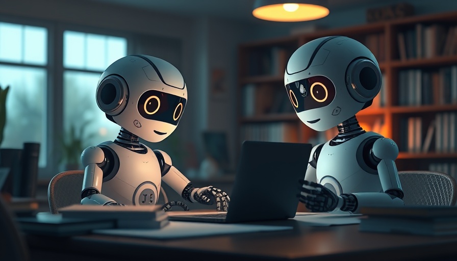 Adorable AI robots collaborating on marketing prompts.