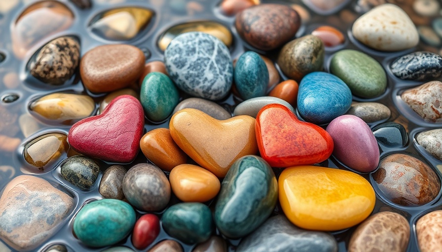 Heart-shaped stones among colorful river rocks, Mental Health Awareness concept.
