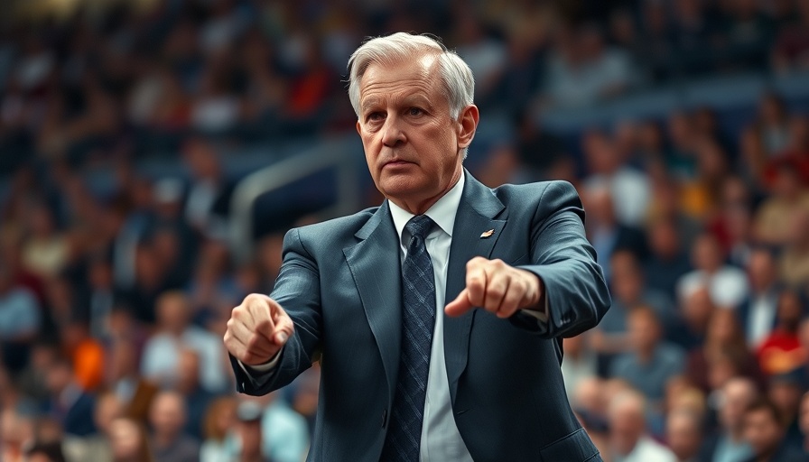 Ancelotti in a suit, pointing assertively in a stadium.