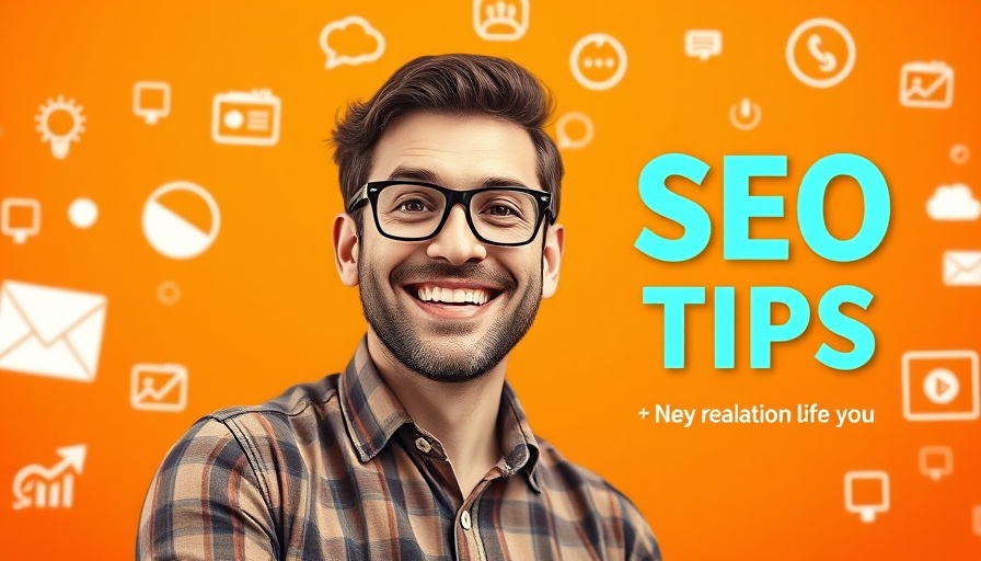 Vibrant SEO tips banner with smiling person and tech icons.