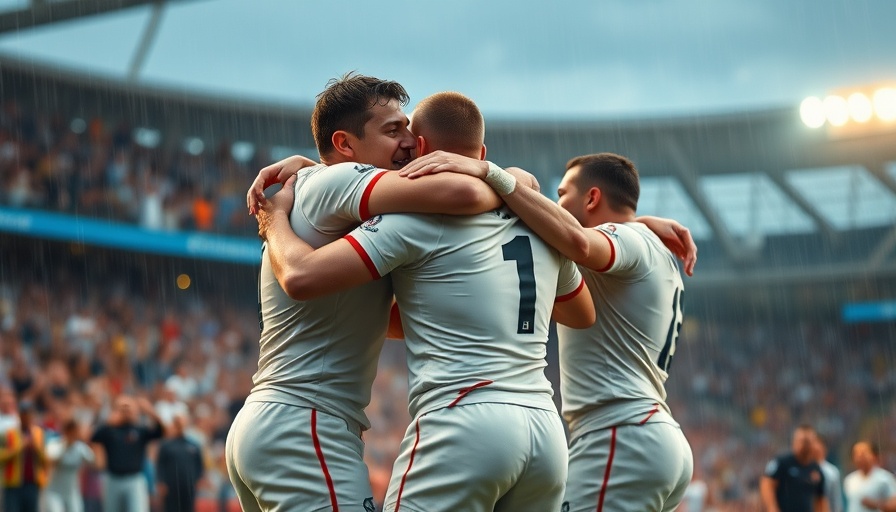 Rugby players celebrate victory on rainy field; Bulls Beat Munster.