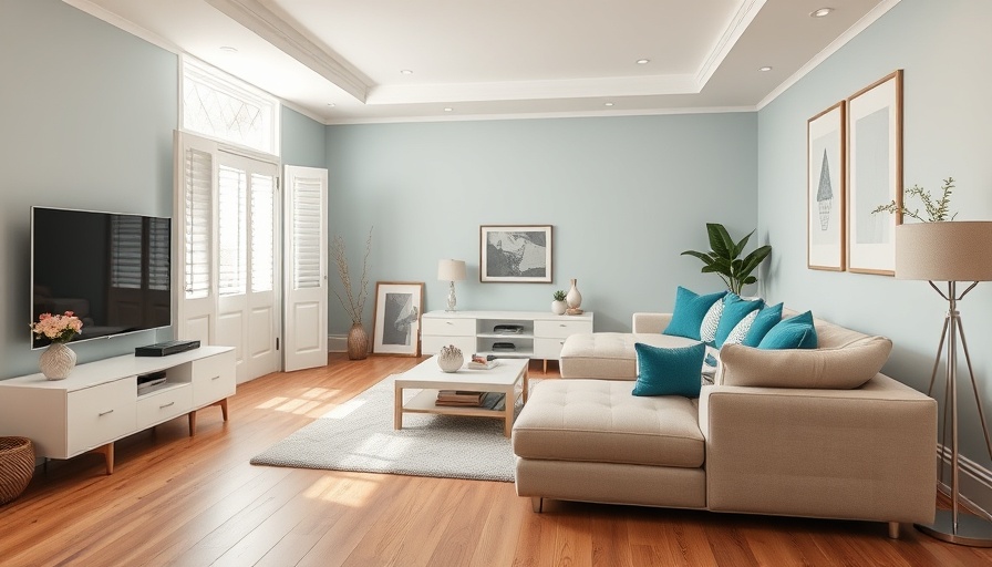 Modern living room with teal accents and elegant decor.