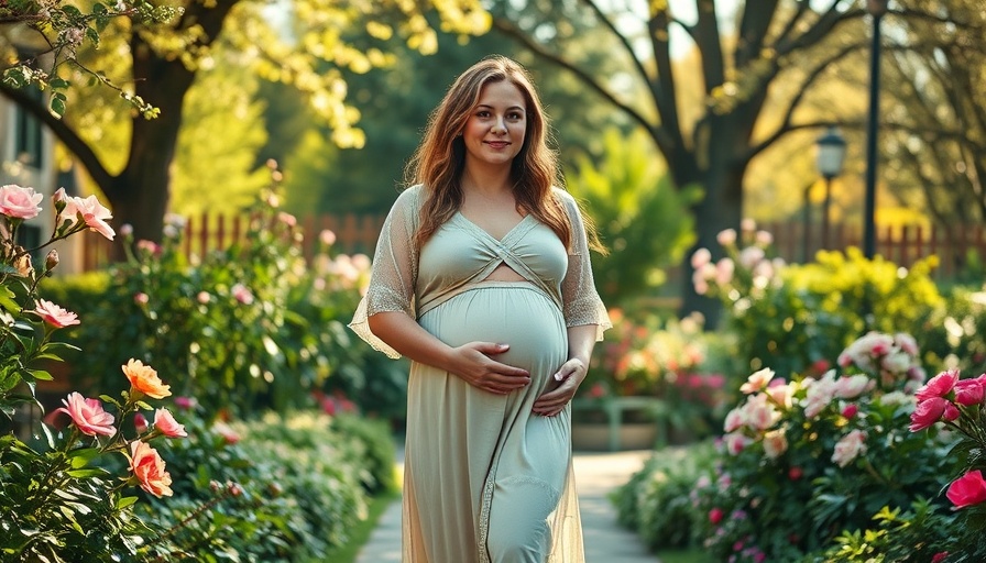 Sustainable fashion for pregnant women in an eco-friendly garden setting.