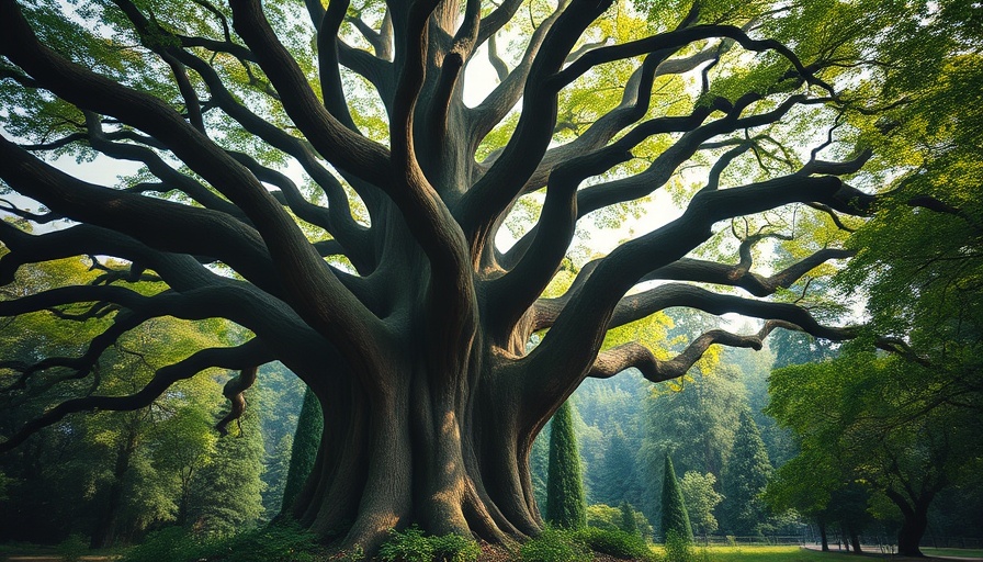 Majestic ancient tree in lush forest, symbolizing health and wellness.