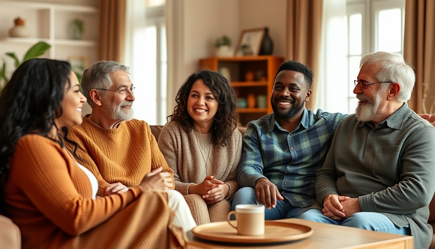 Family discussing mental health awareness, home setting.